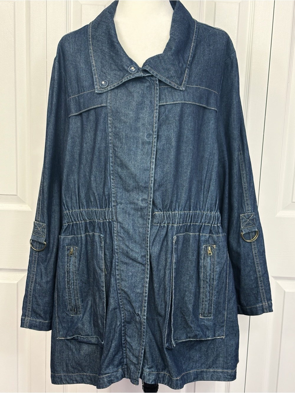 Vintage Y2K Live a Little Blue Denim Elastic Waist Cargo Utility Jacket XL